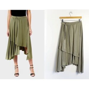 Ever New Melbourne flowy khaki green skirt below knee high low faux wrap US 4